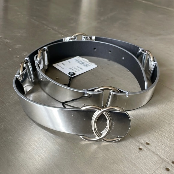 Chanel silver metallic logo belt sz 80/32 - Picture 1 of 9